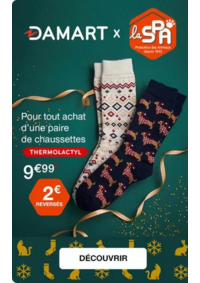 Prospectus Damart VILLENEUVE LA GARENNE : Chaussettes de Noël Thermolactyl : 1 paire achetée = 2€ reversés à la SPA